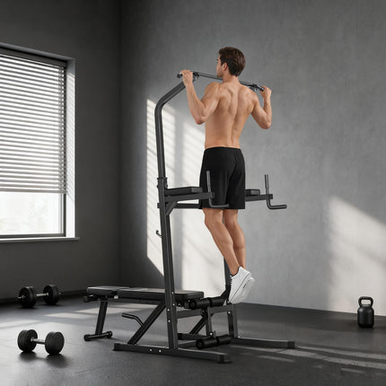 Pull Up Station with Adjustable Weight Bench, Dip Station and Barbell Rack, Mult