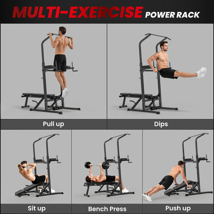 Pull Up Station with Adjustable Weight Bench, Dip Station and Barbell Rack, Mult