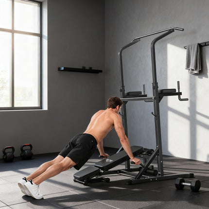 Pull Up Station with Adjustable Weight Bench, Dip Station and Barbell Rack, Mult