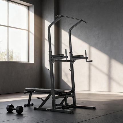 Pull Up Station with Adjustable Weight Bench, Dip Station and Barbell Rack, Mult