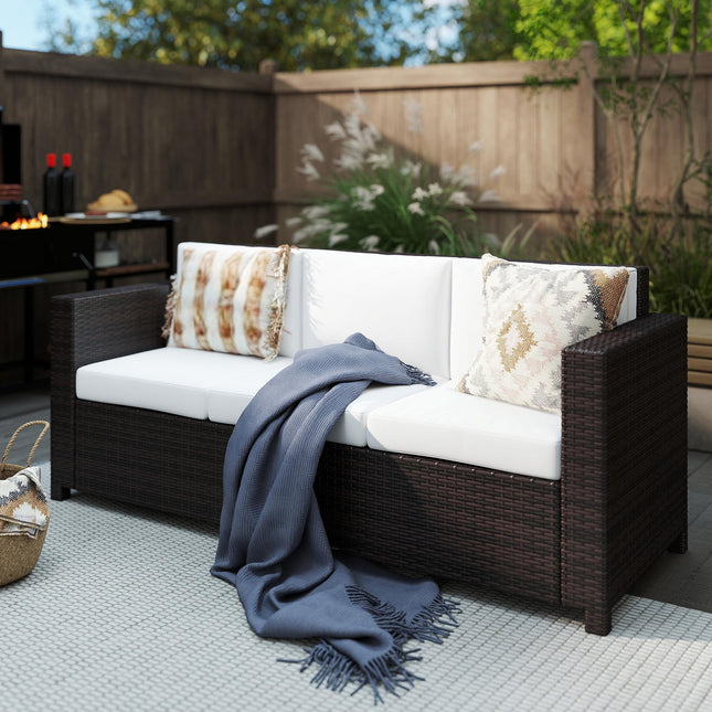 Garden Rattan 3-Seater All-Weather Wicker Metal Frame Chair with Fire Resistant Cushion - Brown