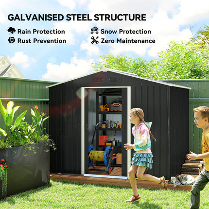 7.7 x 5.7ft Galvanised Metal Garden Shed with Ventilation and Sliding Doors - Grey