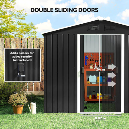 7.7 x 5.7ft Galvanised Metal Garden Shed with Ventilation and Sliding Doors - Grey