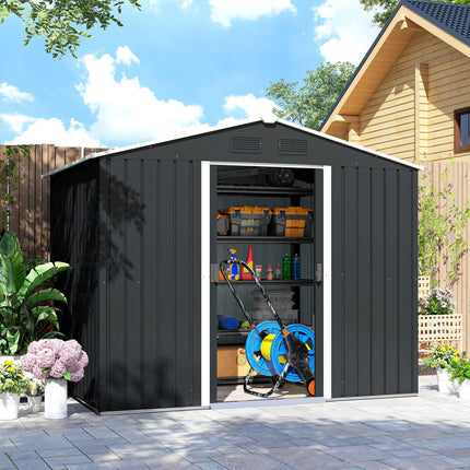 7.7 x 5.7ft Galvanised Metal Garden Shed with Ventilation and Sliding Doors - Grey