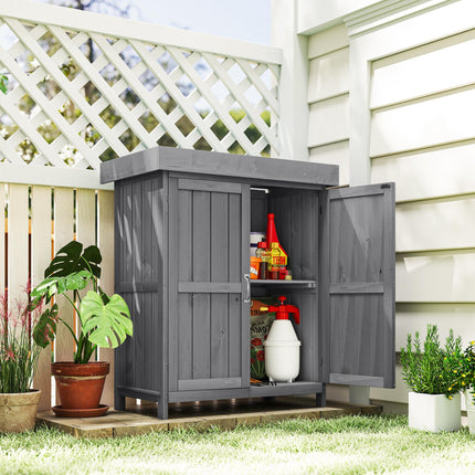 Wooden Garden Storage Shed with Double Doors and Shelves - Grey