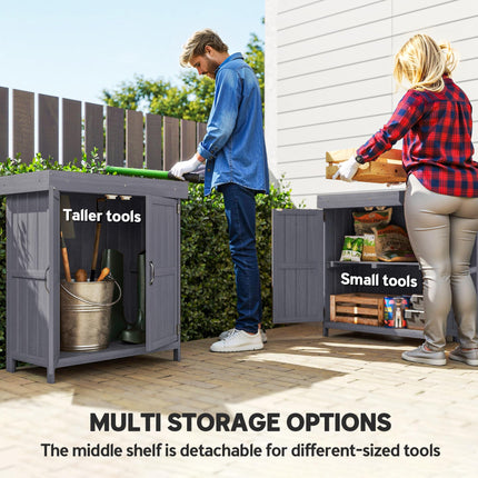 Wooden Garden Storage Shed with Double Doors and Shelves - Grey