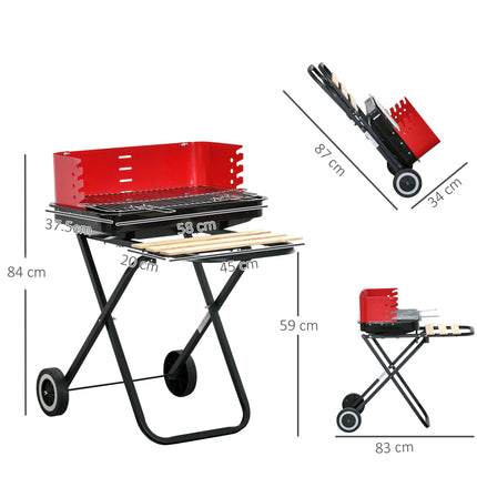 Foldable Durable Charcoal BBQ Grill with Wheels and Side Trays - Red/Black