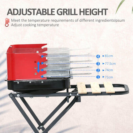 Foldable Durable Charcoal BBQ Grill with Wheels and Side Trays - Red/Black