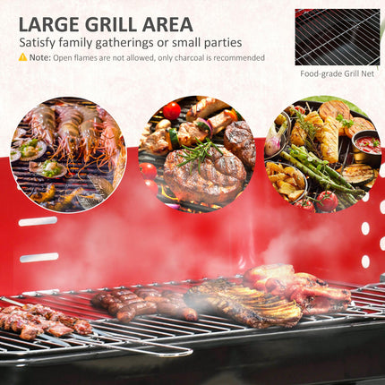 Foldable Durable Charcoal BBQ Grill with Wheels and Side Trays - Red/Black