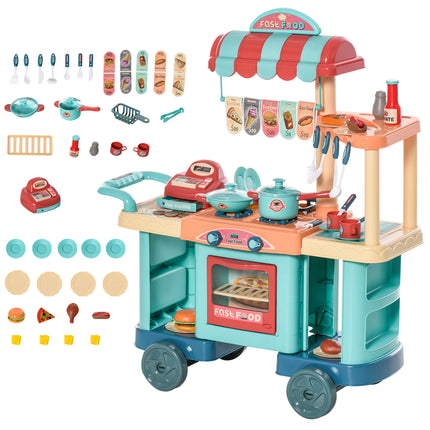50 Pcs Kids Fast Food Kitchen Playset with Trolley Cart, Cash Register & Accessories for Ages 3-6 - Blue, Red, Orange