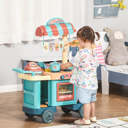50 Pcs Kids Fast Food Kitchen Playset with Trolley Cart, Cash Register & Accessories for Ages 3-6 - Blue, Red, Orange