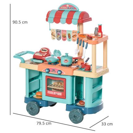 50 Pcs Kids Fast Food Kitchen Playset with Trolley Cart, Cash Register & Accessories for Ages 3-6 - Blue, Red, Orange