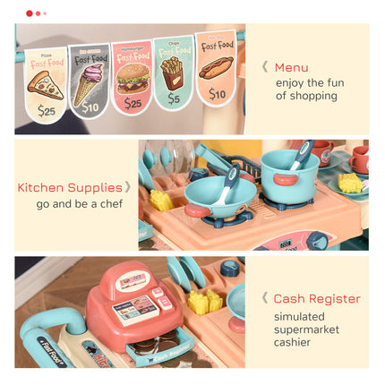 50 Pcs Kids Fast Food Kitchen Playset with Trolley Cart, Cash Register & Accessories for Ages 3-6 - Blue, Red, Orange