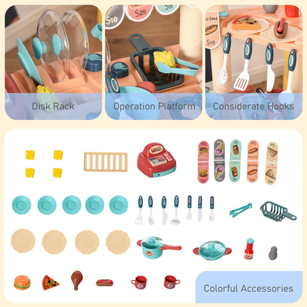 50 Pcs Kids Fast Food Kitchen Playset with Trolley Cart, Cash Register & Accessories for Ages 3-6 - Blue, Red, Orange