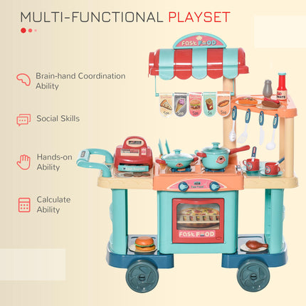 50 Pcs Kids Fast Food Kitchen Playset with Trolley Cart, Cash Register & Accessories for Ages 3-6 - Blue, Red, Orange