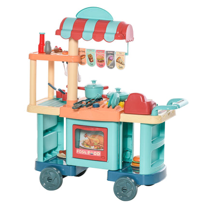 50 Pcs Kids Fast Food Kitchen Playset with Trolley Cart, Cash Register & Accessories for Ages 3-6 - Blue, Red, Orange