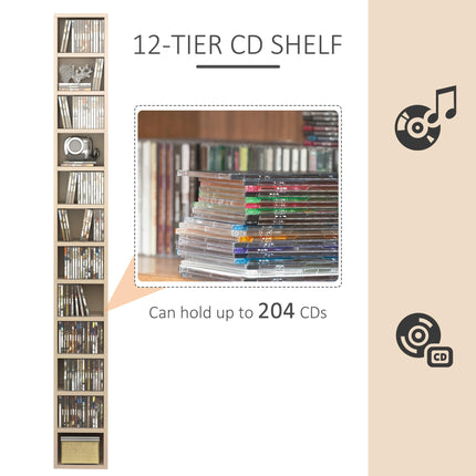 12-Tier Media Storage Cabinet for 204 CDs Multimedia Organizer Rack Stand - Oak Tone