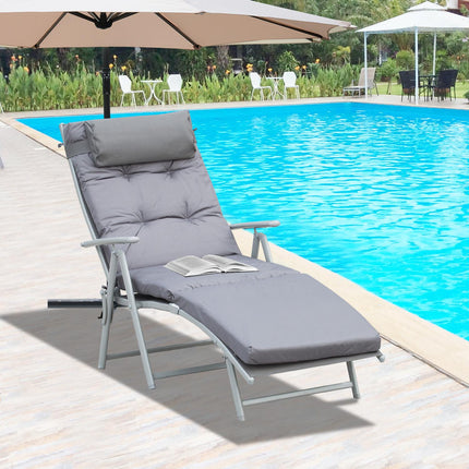Outdoor Foldable Patio Sun Lounger with Adjustable Reclining Back, Cushion & Pillow - Grey