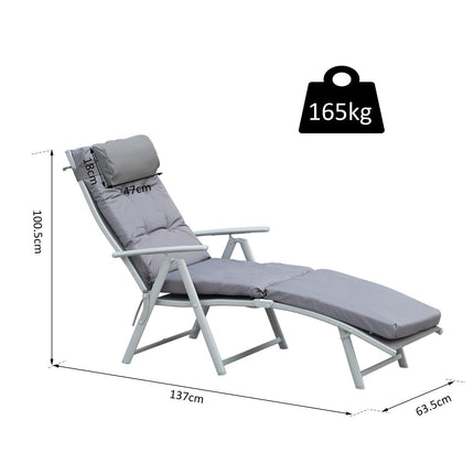 Outdoor Foldable Patio Sun Lounger with Adjustable Reclining Back, Cushion & Pillow - Grey