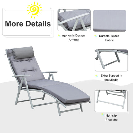 Outdoor Foldable Patio Sun Lounger with Adjustable Reclining Back, Cushion & Pillow - Grey