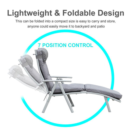 Outdoor Foldable Patio Sun Lounger with Adjustable Reclining Back, Cushion & Pillow - Grey