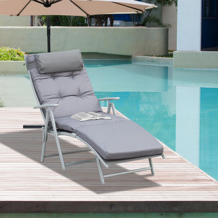 Outdoor Foldable Patio Sun Lounger with Adjustable Reclining Back, Cushion & Pillow - Grey