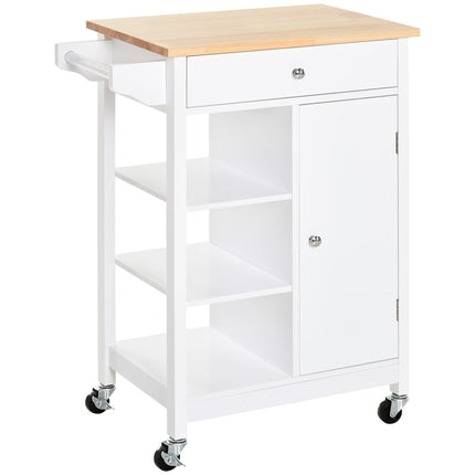 Kitchen Storage Trolley with Wood Top, 3 Shelves, Drawer & Cupboard on Wheels - White