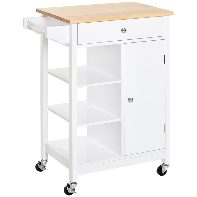 Kitchen Storage Trolley with Wood Top, 3 Shelves, Drawer & Cupboard on Wheels - White