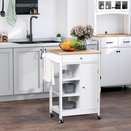 Kitchen Storage Trolley with Wood Top, 3 Shelves, Drawer & Cupboard on Wheels - White