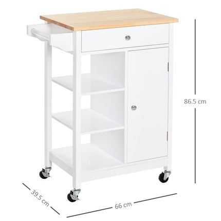 Kitchen Storage Trolley with Wood Top, 3 Shelves, Drawer & Cupboard on Wheels - White