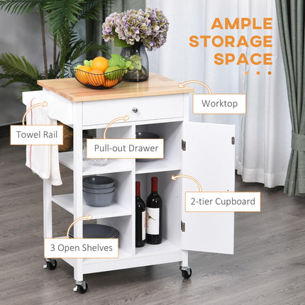 Kitchen Storage Trolley with Wood Top, 3 Shelves, Drawer & Cupboard on Wheels - White