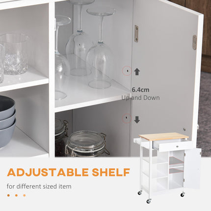 Kitchen Storage Trolley with Wood Top, 3 Shelves, Drawer & Cupboard on Wheels - White