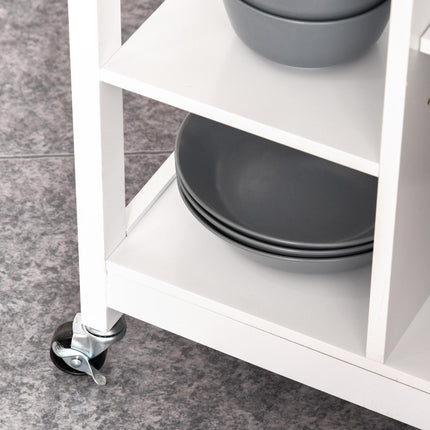 Kitchen Storage Trolley with Wood Top, 3 Shelves, Drawer & Cupboard on Wheels - White