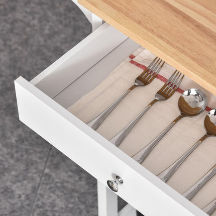Kitchen Storage Trolley with Wood Top, 3 Shelves, Drawer & Cupboard on Wheels - White