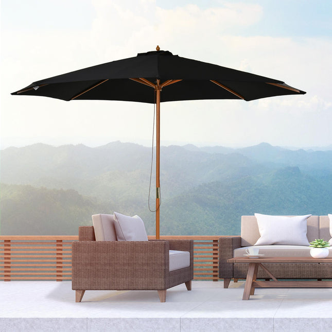 3 Metre Bamboo Wooden Market Patio Umbrella with Adjustable Canopy - Black