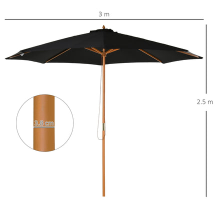 3 Metre Bamboo Wooden Market Patio Umbrella with Adjustable Canopy - Black