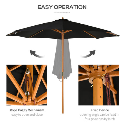 3 Metre Bamboo Wooden Market Patio Umbrella with Adjustable Canopy - Black