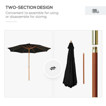3 Metre Bamboo Wooden Market Patio Umbrella with Adjustable Canopy - Black