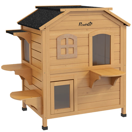 Wooden Cat House Condo 2-Floor Outdoor Pet Shelter Villa - Natural Wood Finish