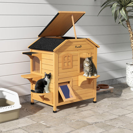 Wooden Cat House Condo 2-Floor Outdoor Pet Shelter Villa - Natural Wood Finish