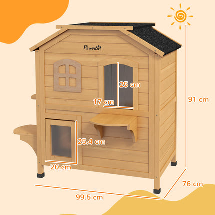 Wooden Cat House Condo 2-Floor Outdoor Pet Shelter Villa - Natural Wood Finish
