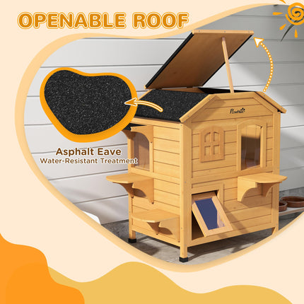 Wooden Cat House Condo 2-Floor Outdoor Pet Shelter Villa - Natural Wood Finish