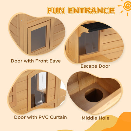 Wooden Cat House Condo 2-Floor Outdoor Pet Shelter Villa - Natural Wood Finish