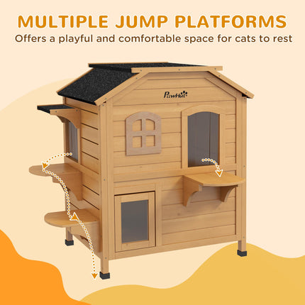 Wooden Cat House Condo 2-Floor Outdoor Pet Shelter Villa - Natural Wood Finish