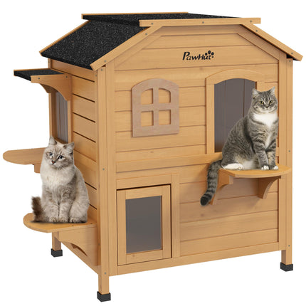 Wooden Cat House Condo 2-Floor Outdoor Pet Shelter Villa - Natural Wood Finish