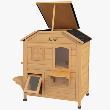 Wooden Cat House Condo 2-Floor Outdoor Pet Shelter Villa - Natural Wood Finish