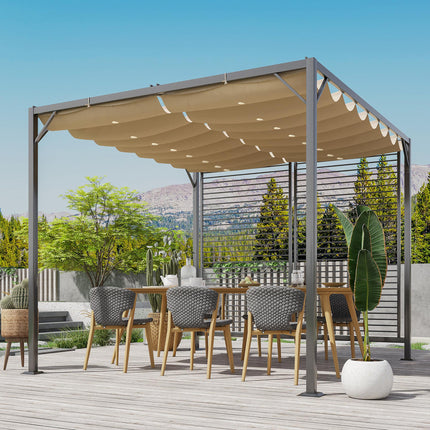 Retractable 3m x 2.8m Metal Frame Garden Pergola with Beige Canopy - Beige