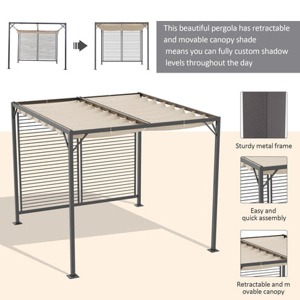 Retractable 3m x 2.8m Metal Frame Garden Pergola with Beige Canopy - Beige
