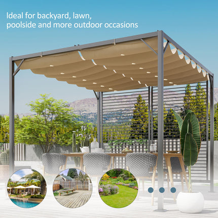 Retractable 3m x 2.8m Metal Frame Garden Pergola with Beige Canopy - Beige