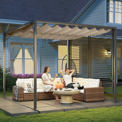 Retractable 3m x 2.8m Metal Frame Garden Pergola with Beige Canopy - Beige